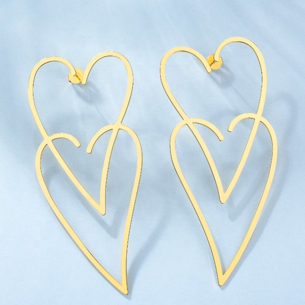 NEW Double Heart 18K Gold Stainless Steel Earring - Picture 4 of 4